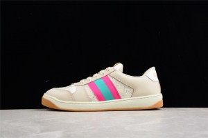 Womens Gucci Screener Sneaker Cream with Pink and Green